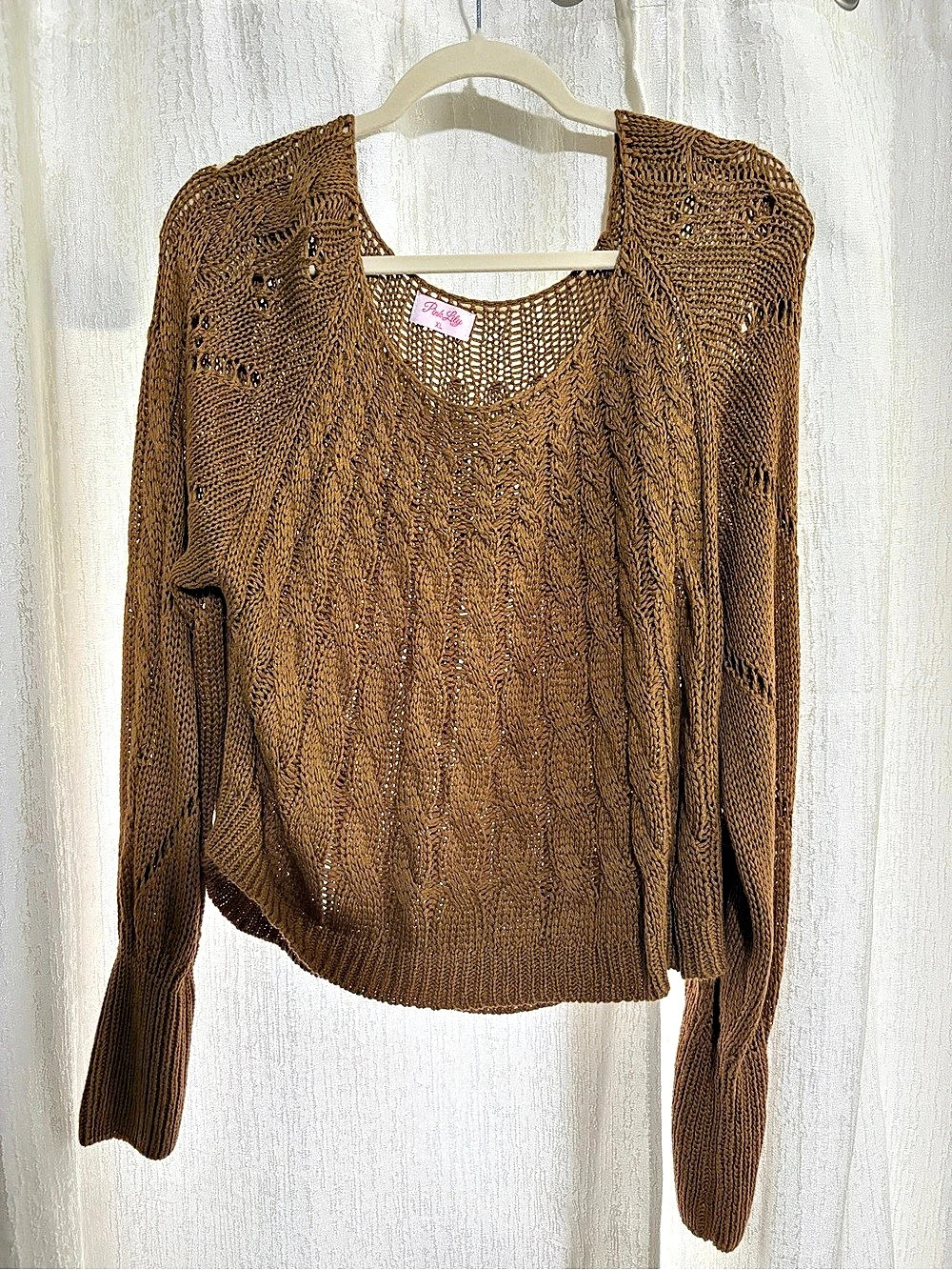 Pink Lily Open Knit Crewneck Sweater Brown XL Like New